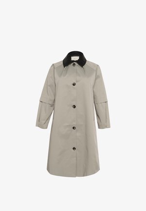 Svijetlosivi trench kaput s crnim ovratnikom, dugmadi sprijeda, rukavima do lakta i bočnim džepovima. Glatka tekstura, klasičan dizajn.