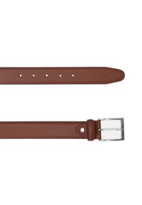 Brauner Ledergürtel mit strukturiertem Finish, fünf Einstelllöchern und einer silberfarbigen, rechteckigen Metallschnalle.