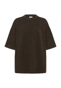 Ruske neulepaita, lyhyet hihat, korkea kaulus, rengasmaisesti istuva, pehmeä tekstuuri, minimalistinen muotoilu, ei näkyviä kuvioita tai varusteita.