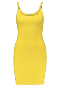 Yellow bodycon dress, sleeveless design with adjustable straps, made from smooth fabric. Features a fitted silhouette and minimal detailing.