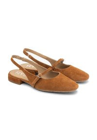 Brown suede slingback shoes with a pointed toe. Features a narrow strap with a circular accent and a low block heel.
