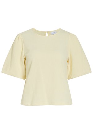 Hele kollase lühikeste varrukatega pluus ümara kaelusega, tekstuurse kangaga ja väikese nupu kinnitusega seljal.