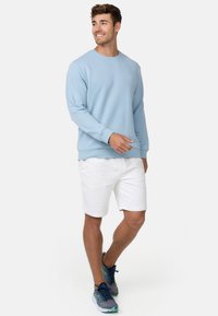Lyseblå sweatshirt lavet af blødt materiale, rund hals, ribbet manchetter, båret med hvide shorts og mønstrede sneakers. Afslappet atletisk look.