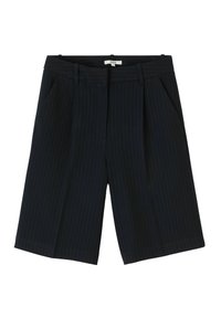 Shorts de bermuda rayés bleu marine en tissu tissé, dotés d'un design ajusté, de deux poches avant et d'une texture lisse.