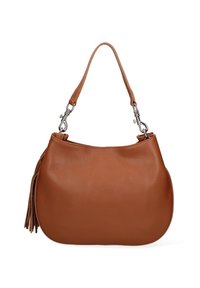 Borsa in pelle marrone con una forma curva, dotata di un manico singolo e pompon decorativo sul lato, su sfondo bianco.