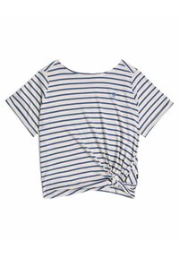 Top de manga corta a rayas azules y blancas con detalle anudado en un lado, fabricado con una tela suave. Cuello redondo y un corte relajado.