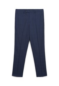 Marineblaue Herren-Anzughose mit dezentem Fensterkaromuster, Knopfverschluss, Gürtelschlaufen und seitlichen Taschen.