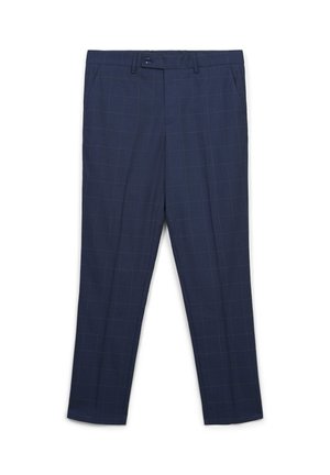 Pantaloni da uomo blu scuro con un sottile motivo a finestra, chiusura con bottone, passanti per cintura e tasche laterali.