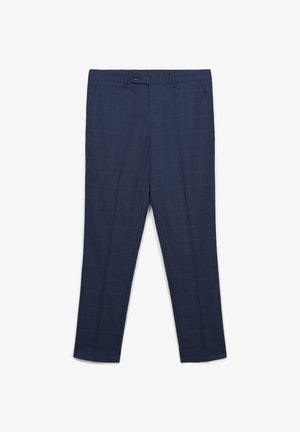 Pantaloni da uomo blu scuro con un sottile motivo a finestra, chiusura con bottone, passanti per cintura e tasche laterali.
