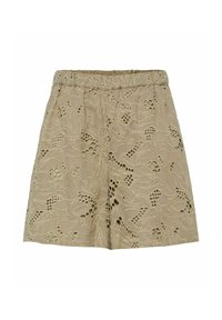 Beige shorts med broderte blomster mønster, med teksturert stoff og elastisk midjebånd for komfort.
