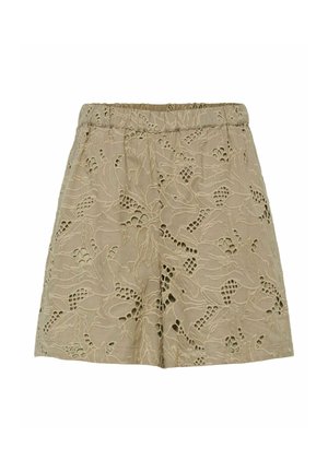 Beige shorts met een geborduurd bloemenpatroon, voorzien van een gestructureerde stof en een elastische tailleband voor comfort.