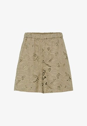 Beige shorts met een geborduurd bloemenpatroon, voorzien van een gestructureerde stof en een elastische tailleband voor comfort.