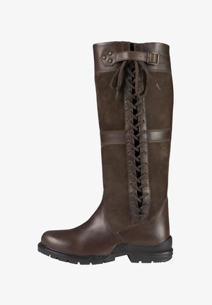 Bottes marron jusqu'aux genoux en cuir et daim. Elles présentent un design lacé, une toe ronde et une semelle en caoutchouc. Comprennent des accents de boucle en haut.