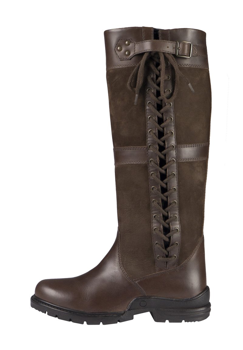 Botas marrones hasta la rodilla hechas de cuero y ante. Presentan un diseño con cordones, punta redonda y suela de goma. Incluyen detalles de hebilla en la parte superior.