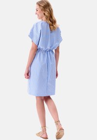Niebieska i biała sukienka w paski z krótkimi rękawami, zwężona w talii i o długości do kolan. Lekki materiał, casualowy styl. Płaskie sandały.