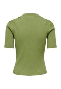 Haut court en maille côtelée verte à manches courtes, avec un col doux et une taille ajustée, présenté de dos sur un fond blanc.