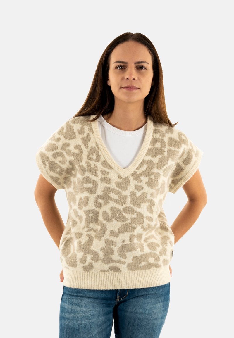 Maglione beige a maniche corte con scollo a V, caratterizzato da un motivo leopardato testurizzato in marrone chiaro. Orlo a costine e vestibilità casual.