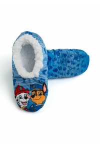 Pantofole in pile blu con rivestimento bianco, decorate con grafiche di due cani cartoni animati. Esterno liscio con suola antiscivolo testurizzata.