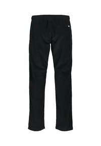 Pantalon en velours côtelé noir avec une surface texturée, taille élastique, poche arrière et coupe droite. Aucun fermoir ou ornement visible.