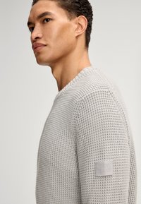 Hellgrauer, gestrickter Pullover mit rundem Halsausschnitt, strukturiertem Muster und einem Markenpatch am linken Ärmel.