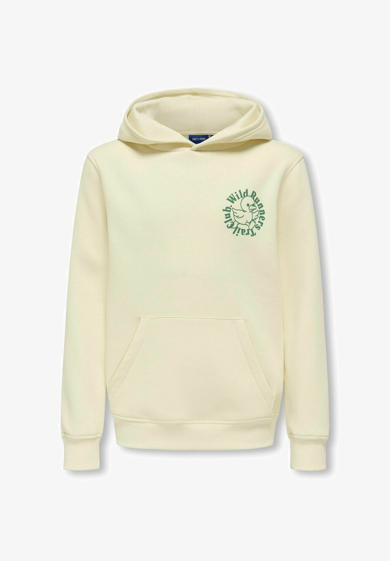 Hoodie v kremni barvi, izdelan iz mehke tkanine, z zadnjim žepom in okroglo zeleno grafiko s napisom na levi strani.