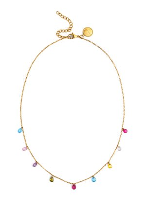 Delicate gouden ketting met druppelvormige kleurrijke edelstenen gelijkmatig verdeeld, en een verstelbare sluiting met een kleine ronde hanger.