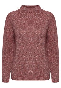 Adīts džemperis tekstūrētā dzērveņu krāsā, ar augstu apkakli, garajām piedurknēm un ribotām aprocēm un apakšmalu.