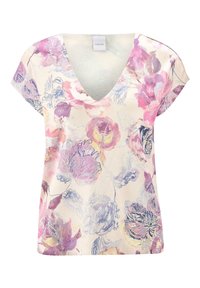 V-hals bloes met korte mouwen, voorzien van paarse en roze bloemen op een crèmekleurige achtergrond, gemaakt van lichtgewicht, zachte stof.