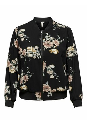 Czarna kurtka bomber na zamek błyskawiczny z wzorami kwiatowymi w kolorach beżowym, białym i jasno różowym oraz ściągaczami przy mankietach i u dołu.