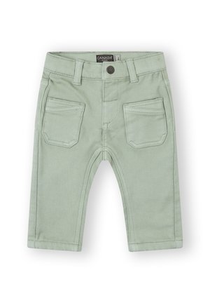 Pantalones de color verde claro para niño pequeño, con bolsillos frontales, cinturas y cierre de botón, etiquetados como tamaño 6M de Canada House.