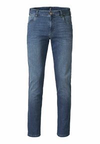 Blauwe denim jeans met een recht model, voorzien van vijf zakken, een knoopsluiting en een geweven textuur.