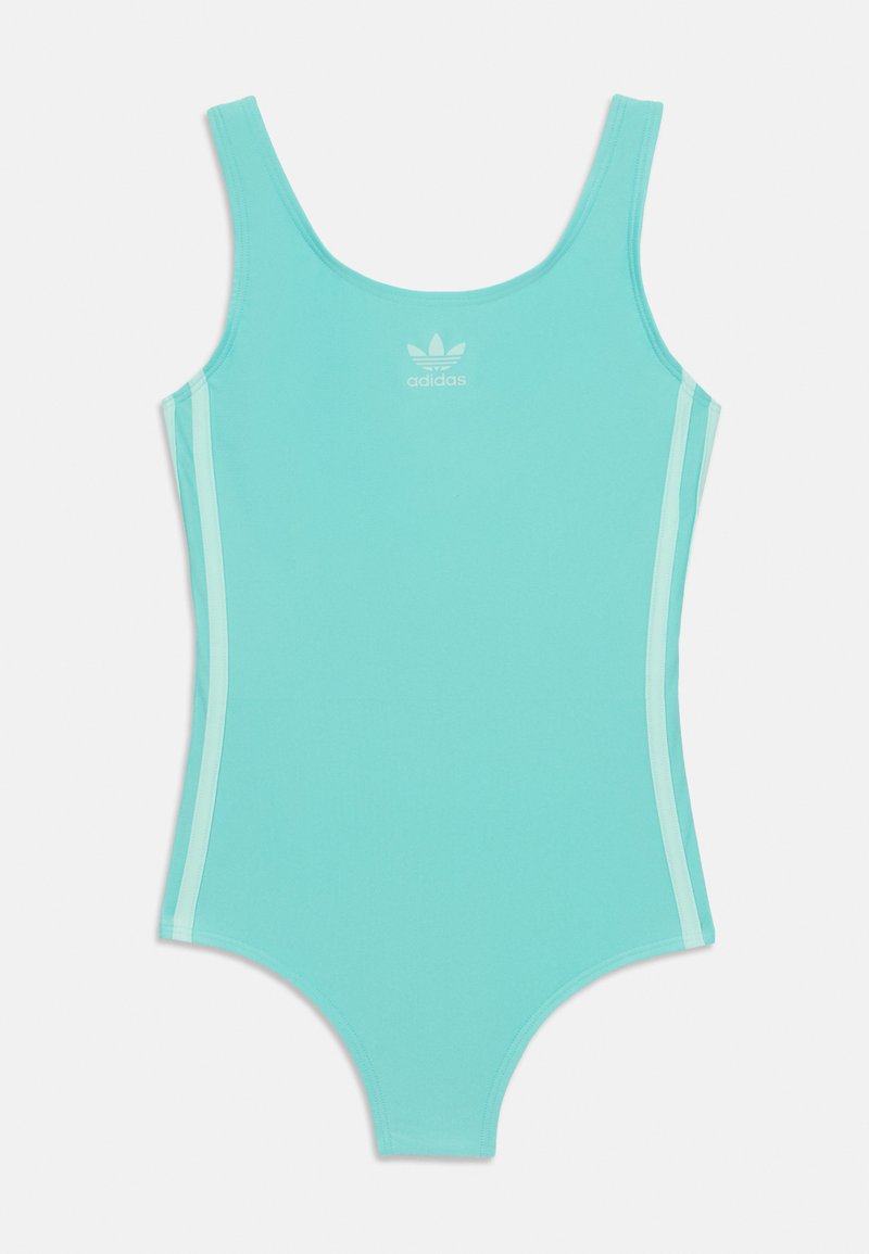 Αqua ολόσωμο μαγιό με λεπτές τιράντες, που διαθέτει εφαρμοστό σχέδιο και αντίθετες φωτεινές ρίγες κατά μήκος των πλάγιων. Λογότυπο Adidas στο στήθος.
