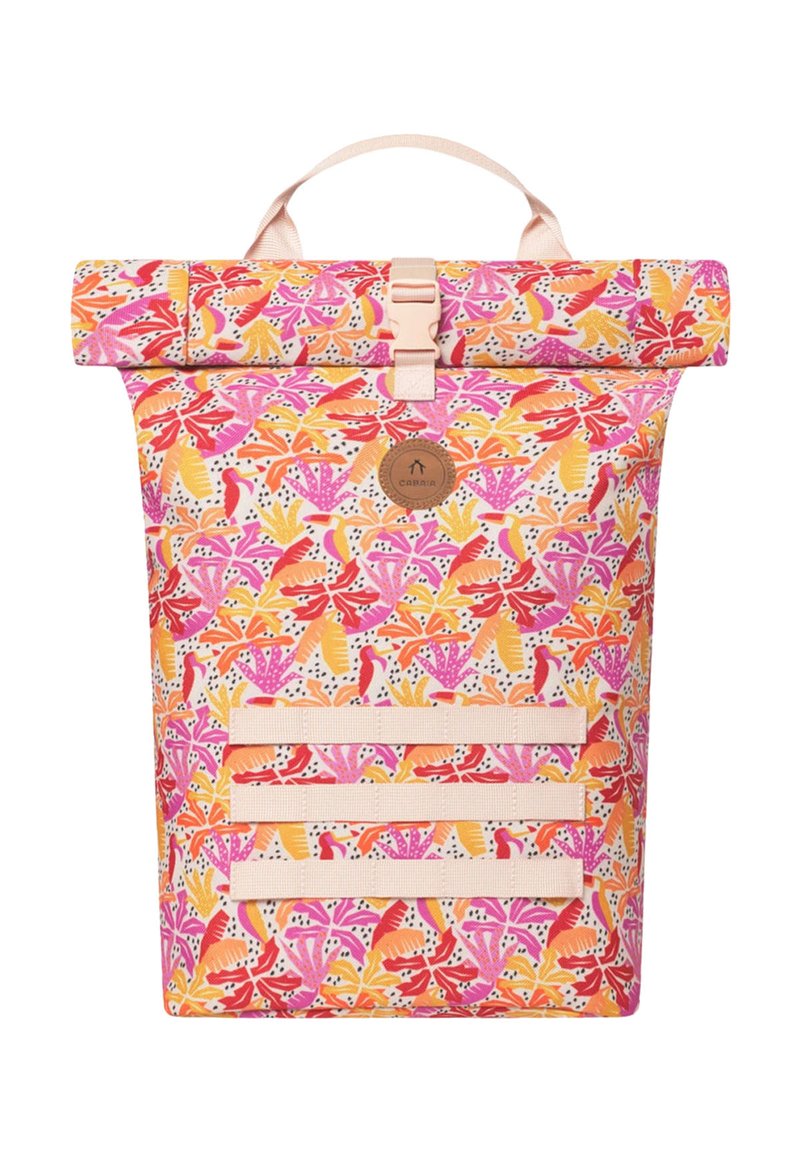 Rucksack mit Rollverschluss in einem bunten Blumenmuster in Pink, Orange und Gelb, ausgestattet mit einem Schnallenverschluss und drei horizontalen Trägern.