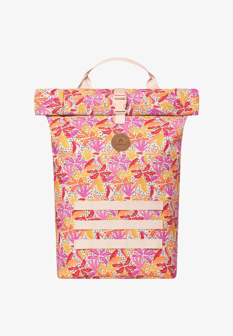 Rucksack mit Rollverschluss in einem bunten Blumenmuster in Pink, Orange und Gelb, ausgestattet mit einem Schnallenverschluss und drei horizontalen Trägern.