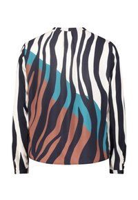 Blouse à manches longues en tissu lisse, avec des rayures bleues marines et crème, agrémentées de touches de teal et de marron, décolleté rond et détails de manchette boutonnée.