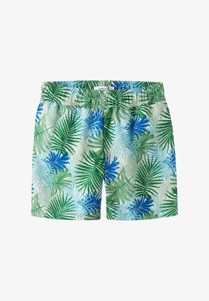 Męskie kąpielówki z zielonym i niebieskim wzorem tropikalnych liści palmowych, elastycznym paskiem w talii i prostym krojem.