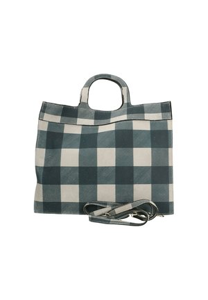 Borsa tote in tela con un motivo a quadri verde scuro e beige, manici superiori e una tracolla staccabile. Forma piatta e strutturata senza hardware visibile.
