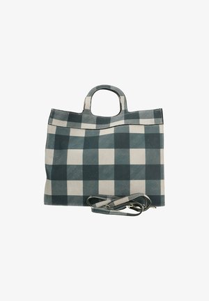 Borsa tote in tela con un motivo a quadri verde scuro e beige, manici superiori e una tracolla staccabile. Forma piatta e strutturata senza hardware visibile.