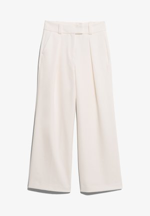 Pantaloni a gamba larga di un colore crema chiaro, realizzati in tessuto morbido con due tasche frontali e cuciture visibili sulla vita.