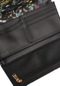 Black leather wallet with floral and butterfly print inside flap, multiple card slots, and a zippered coin pocket with gold zipper pull.