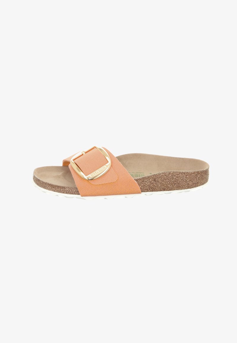 Slide sandal with an orange textile strap, a gold rectangular buckle, and a cork footbed. Features a lightweight white flexible outsole.