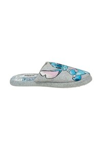 Pantofola in tessuto grigio con design di un personaggio blu sulla parte anteriore, punta arrotondata e suola testurizzata per una migliore aderenza. Materiale morbido e leggero.