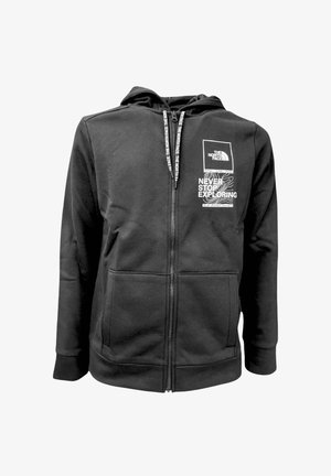 Felpa nera con zip realizzata in un tessuto misto cotone. Presenta una patch con logo sul davanti e testo stampato. Ha un cappuccio e due tasche laterali.