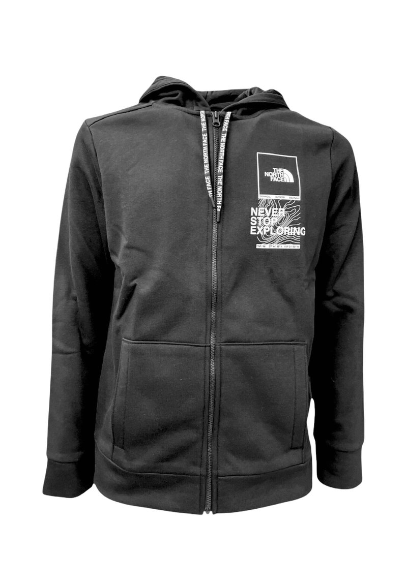 Felpa nera con zip realizzata in un tessuto misto cotone. Presenta una patch con logo sul davanti e testo stampato. Ha un cappuccio e due tasche laterali.