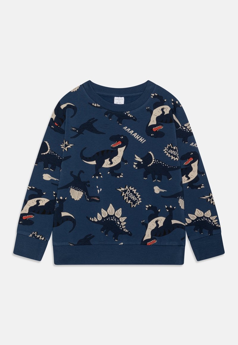 Sweat bleu marine pour enfants avec des illustrations ludiques de dinosaures et des mots de style bande dessinée tels que "AAAHH !" et "RAWR" dispersés sur le tissu.