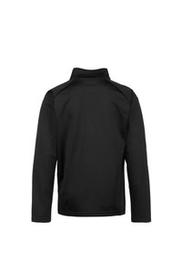 Pullover nero a maniche lunghe con colletto alto, caratterizzato da una texture liscia e senza motivi o componenti visibili, mostrato da dietro.