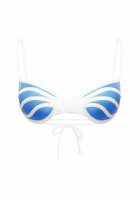 Top bikini blu e bianco con motivo a onde, con una forma strutturata, spalline regolabili e dettaglio con legatura dietro.