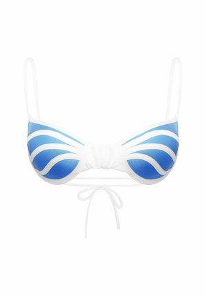 Haut de bikini bleu et blanc avec un motif de vagues, doté d'une forme structurée, de bretelles ajustables et d'un détail de nouage à l'arrière.
