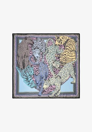 Sette grandi felini colorati con vari motivi su un cuore sagomato decorato, su uno sfondo rettangolare in blu e rosa pastello.