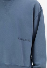 Sudadera de algodón azul con "COACH" bordado en azul oscuro. Tiene cuello redondo, mangas largas y puños y dobladillo acanalados.